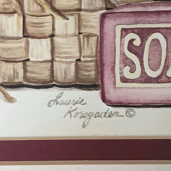 Vintage Laurie Korsgaden Bath Gift Basket Print #2 Matted Brown Wood Frame 14x12 - Picture 4 of 11